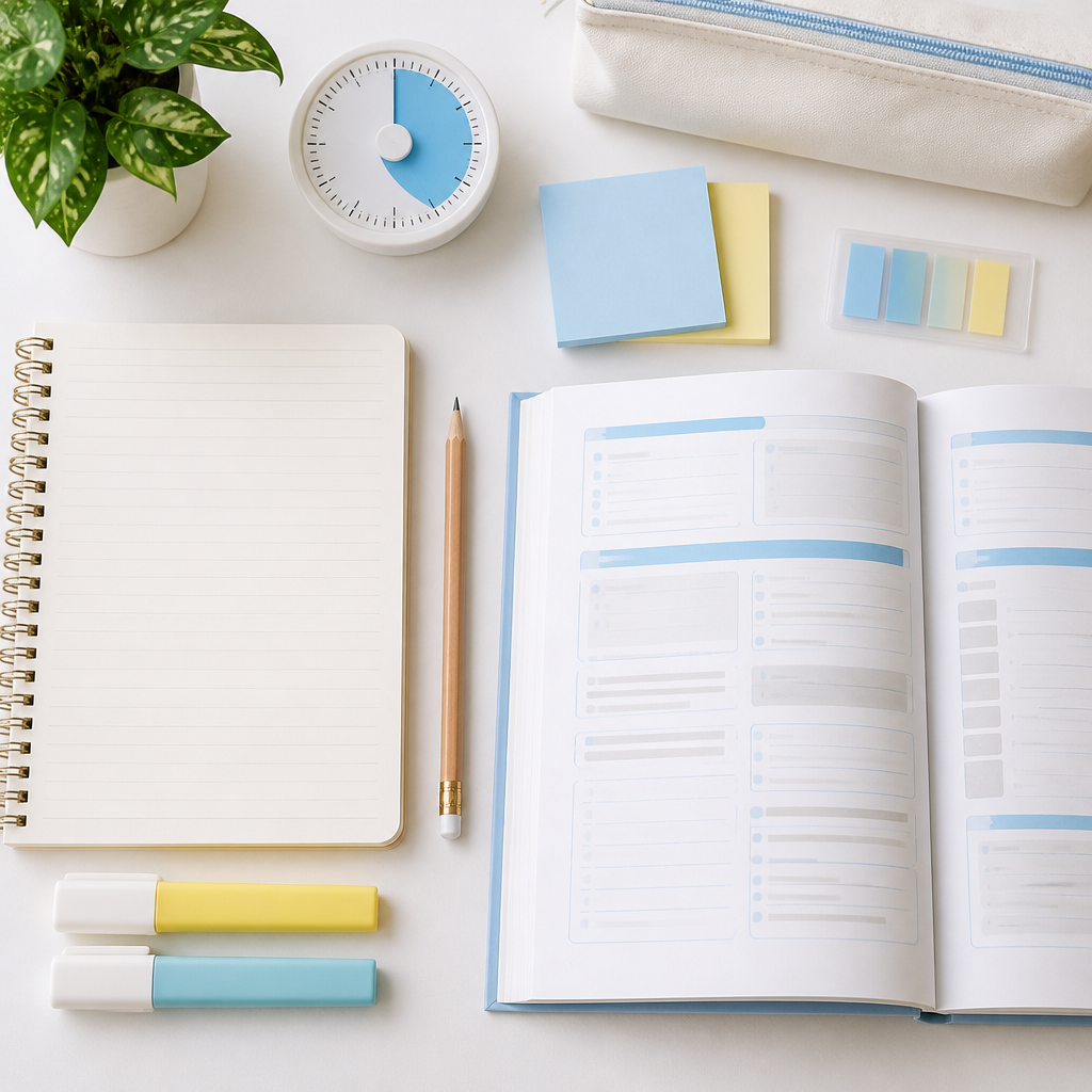 A tidy flat lay showing situational writing planning tools for English exam preparation.