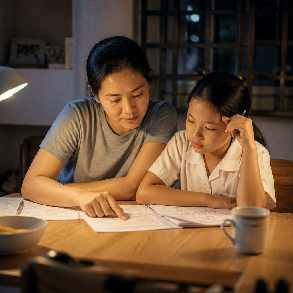 A Singapore parent and child reviewing an English exam paper together for situational writing support.