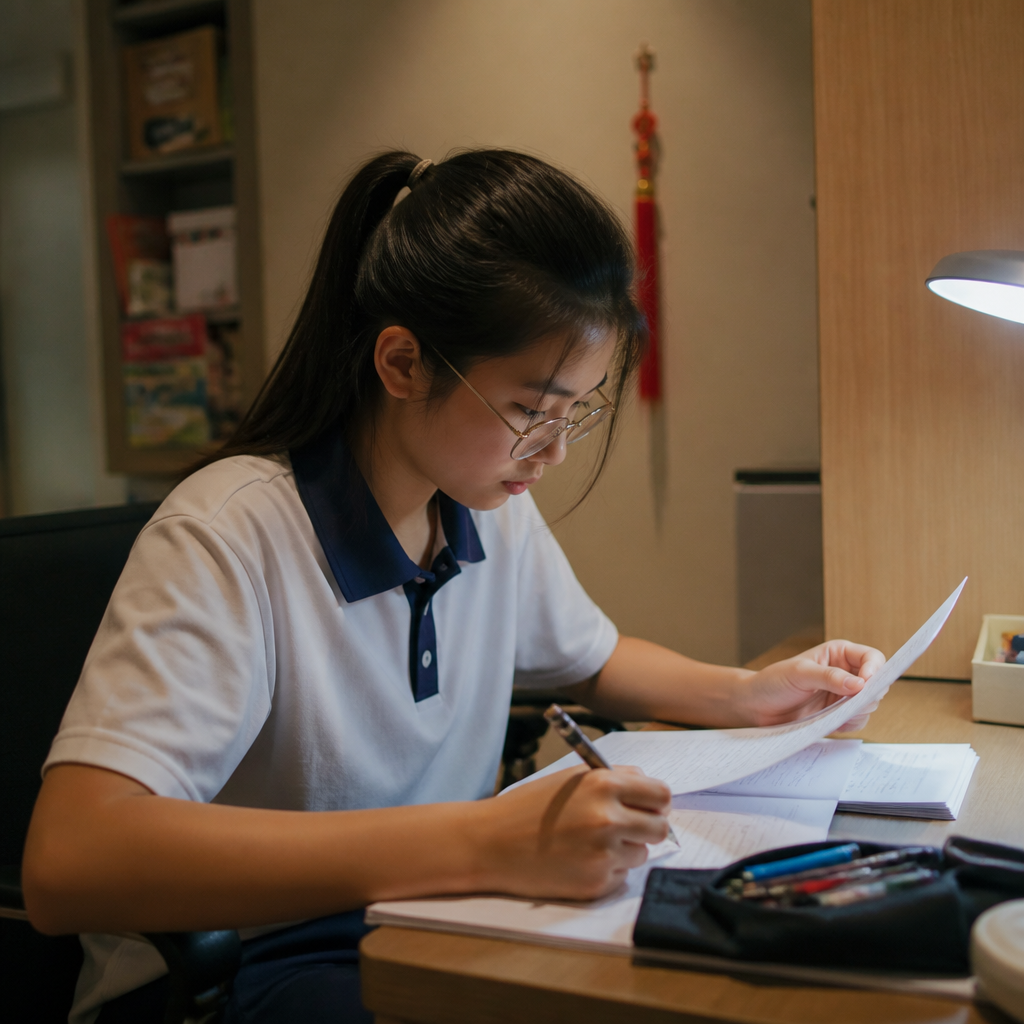 A Singapore student carefully analysing a situational writing question with guidance on the desk.