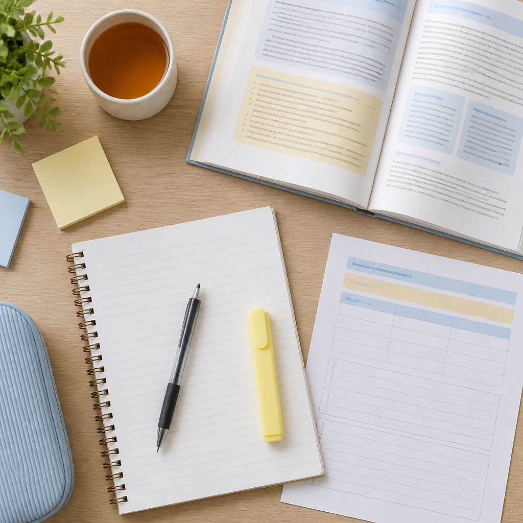 A clean study desk setup for situational writing practice in Singapore English tuition.