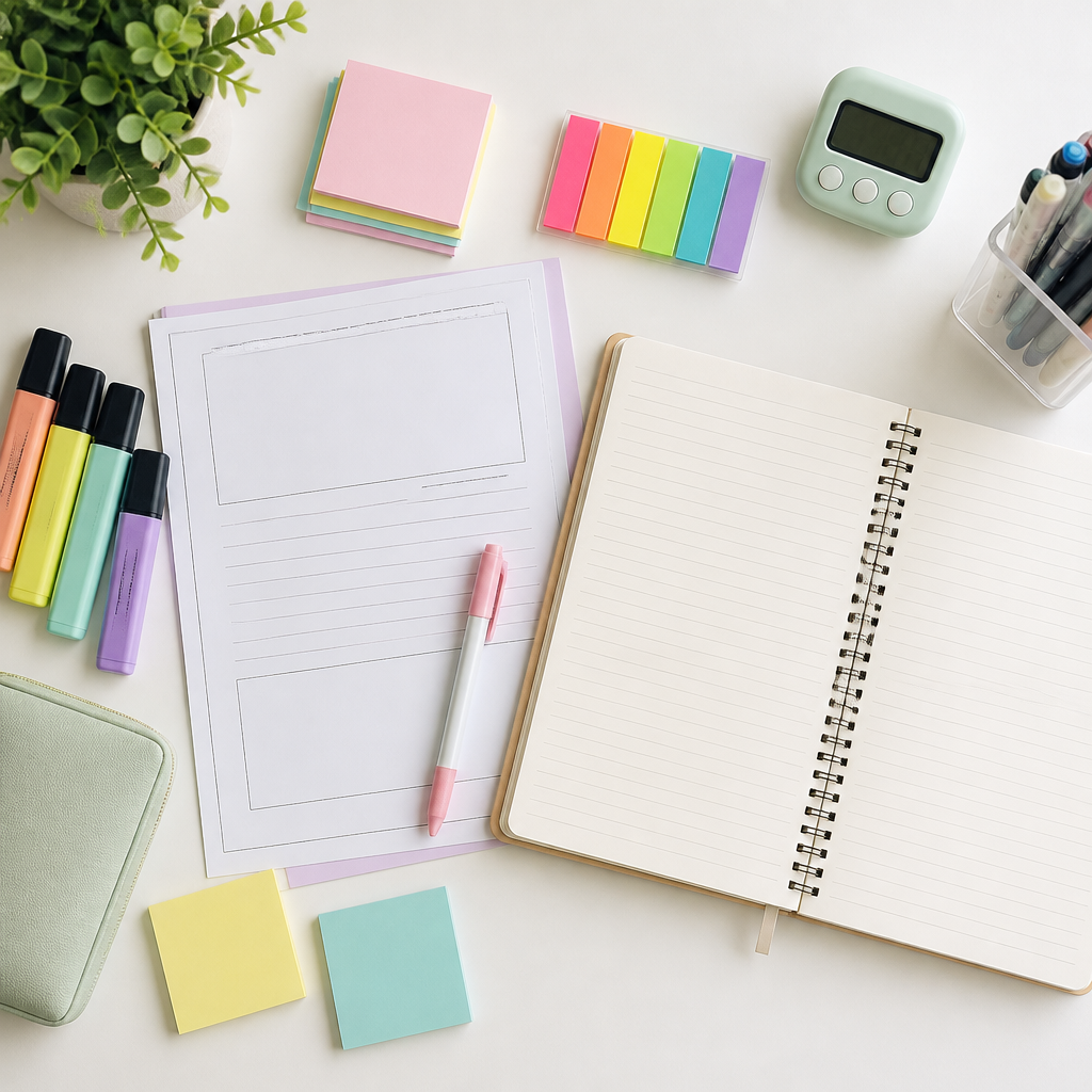 Situational writing revision materials laid out neatly for exam preparation in Singapore.