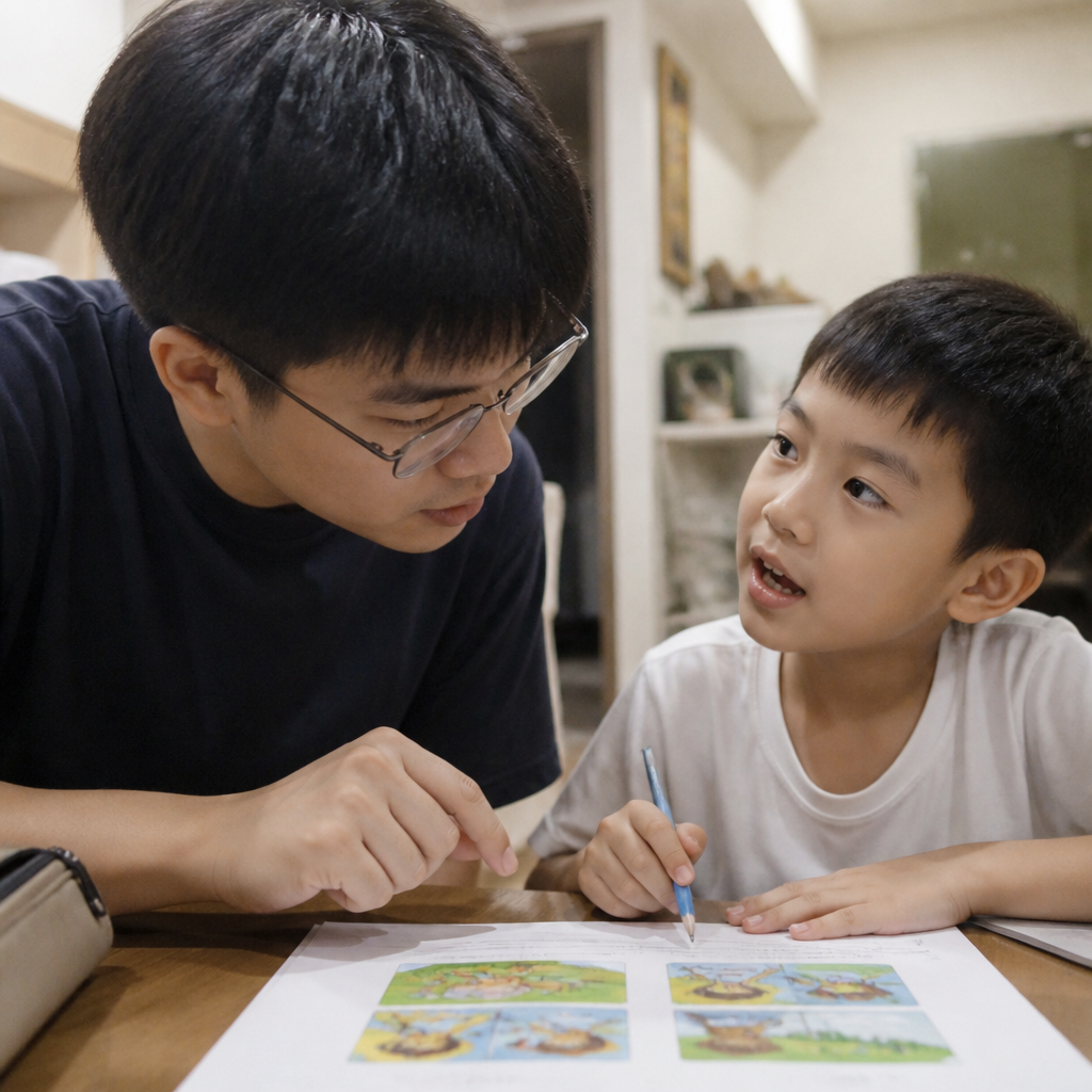 A tutor guiding a student through English Oral practice in a Singapore home.
