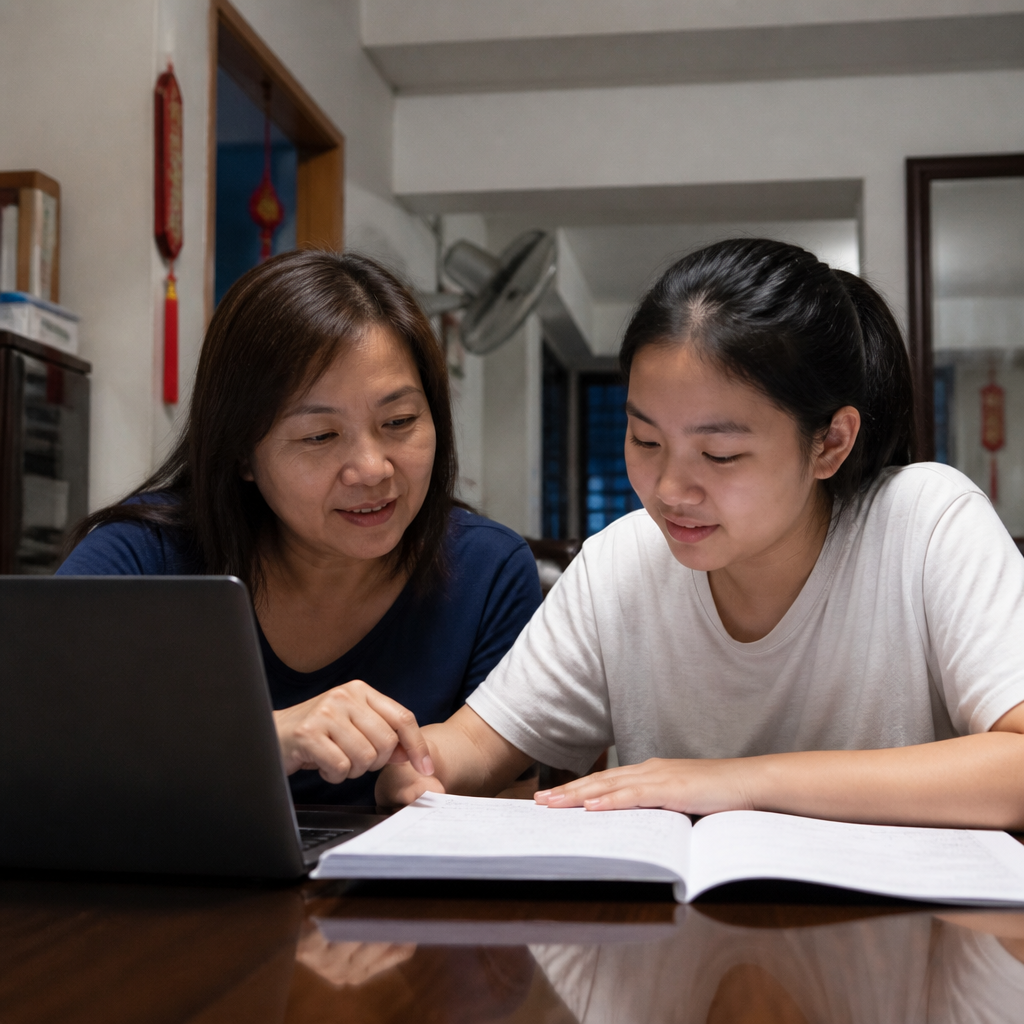 A parent and student reviewing English Oral preparation with supportive guidance in Singapore.