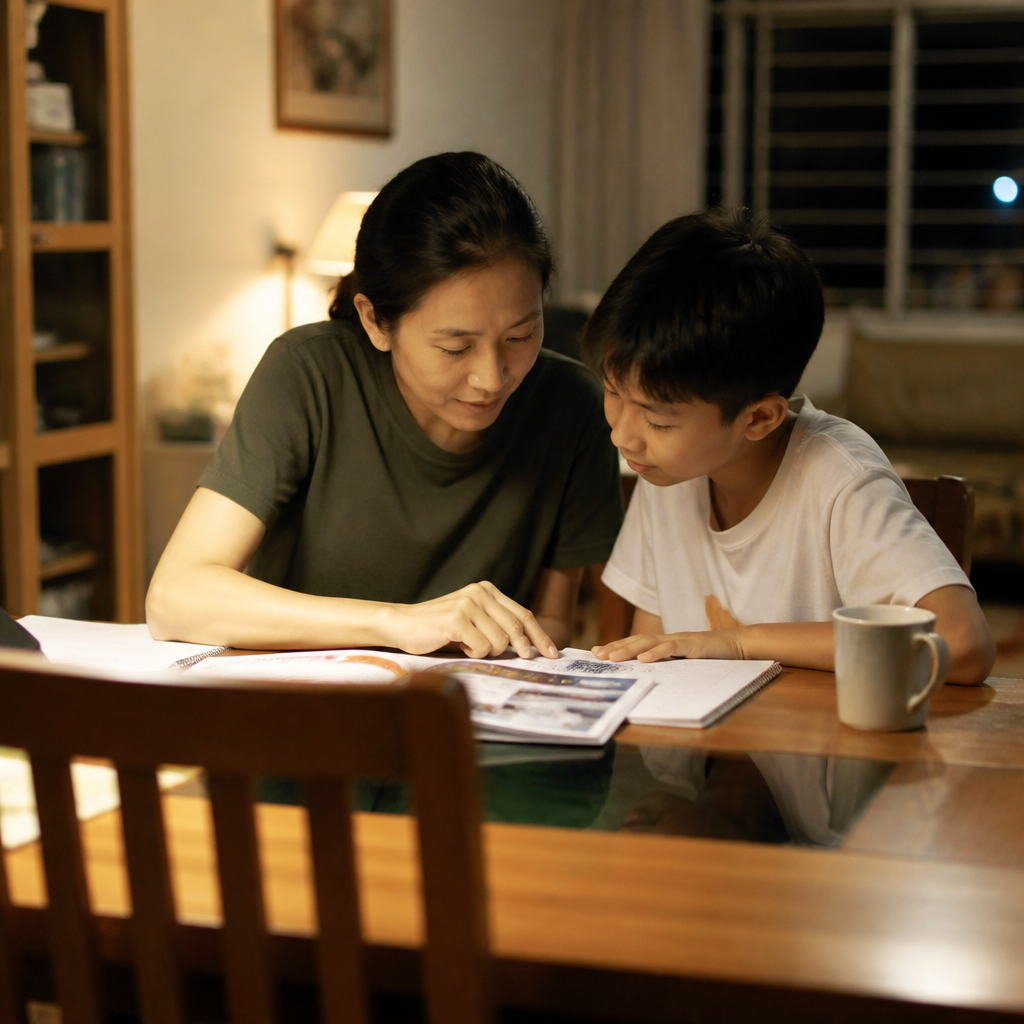 A warm Singapore home scene showing a parent and Primary 6 child discussing DSA-Sec options at the dining table.