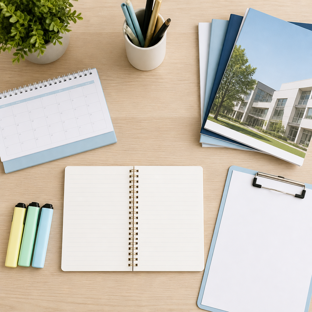 A clean flat lay illustrating DSA Singapore planning materials on a tidy study desk.