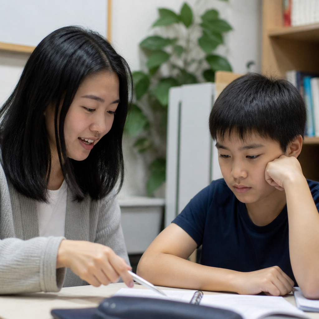 A Singapore tuition scene showing a tutor supporting a P6 student balancing DSA and PSLE preparation.