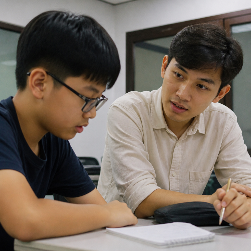 A tutor guiding a student through English oral practice in a Singapore tuition centre.