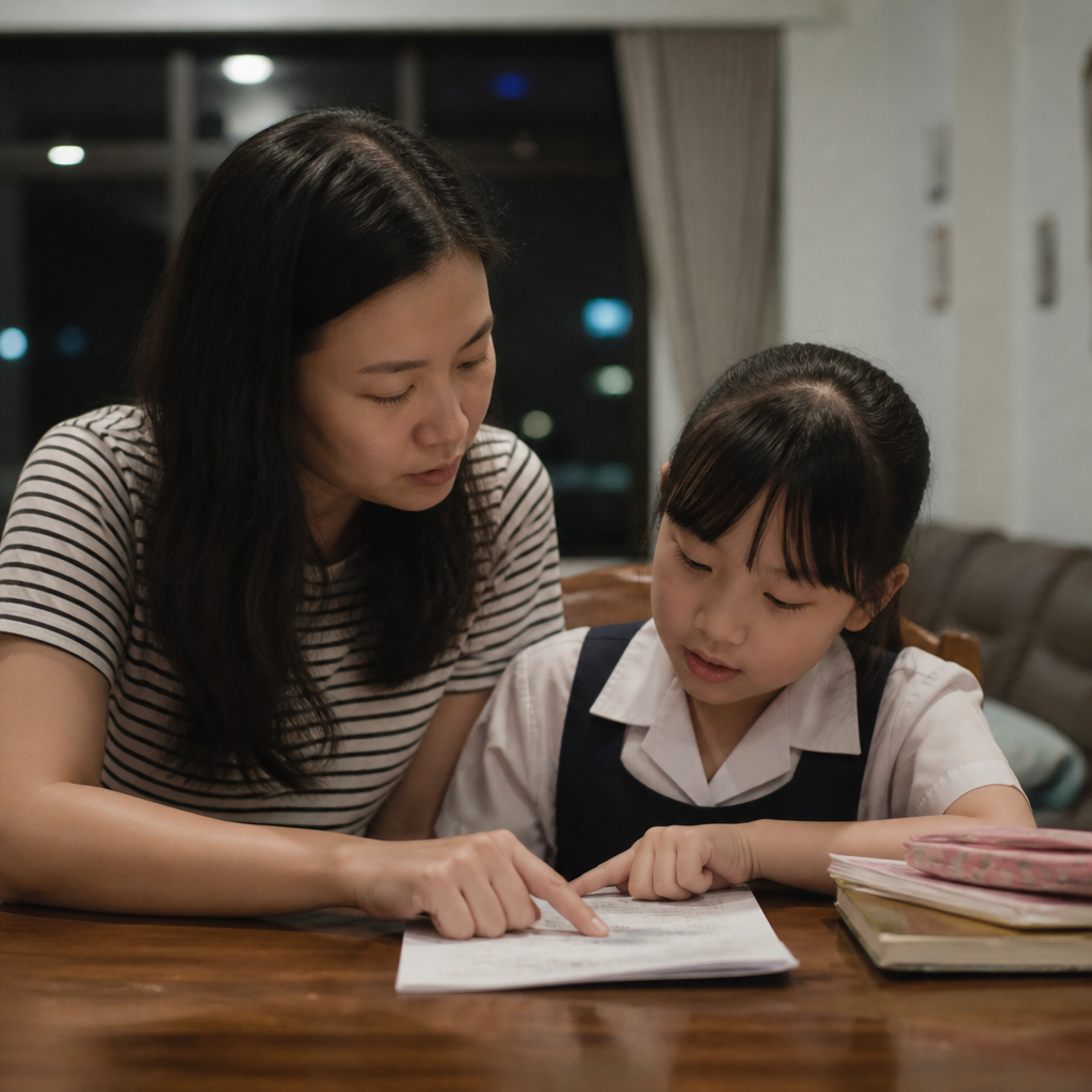 An Asian parent and child practising English oral at a HDB dining table in Singapore.