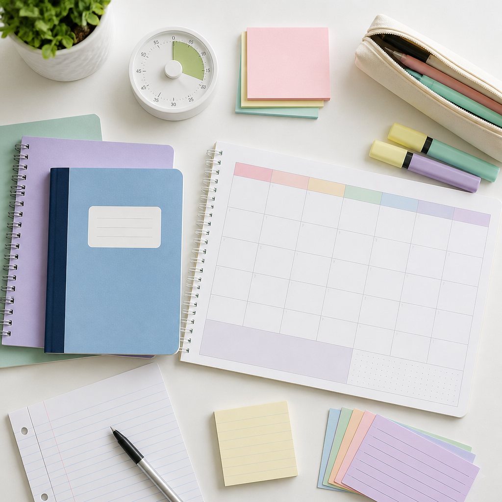 A flat lay of study tools and planning materials for families navigating DSA Singapore and Secondary 1 transition.