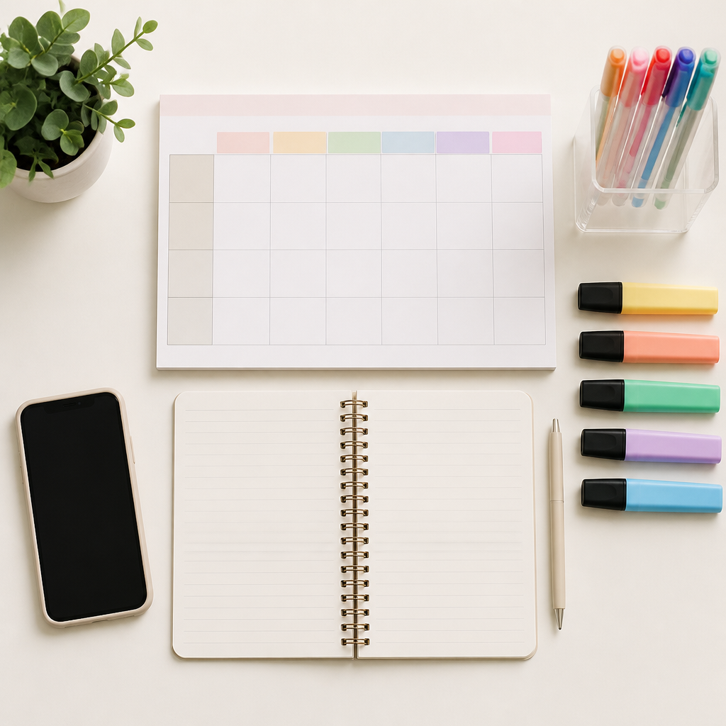 A clean flat lay showing study planning materials that reflect DSA Singapore preparation and school application organisation.