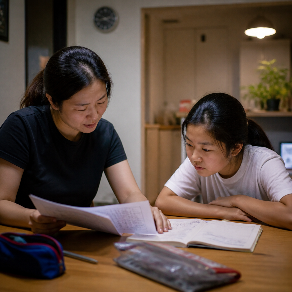 A parent and child discussing DSA Singapore at home in a warm, realistic Singapore setting.