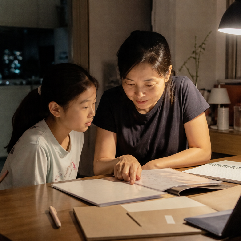 A Singapore parent and Primary 6 child reviewing DSA Singapore options together at a HDB dining table.
