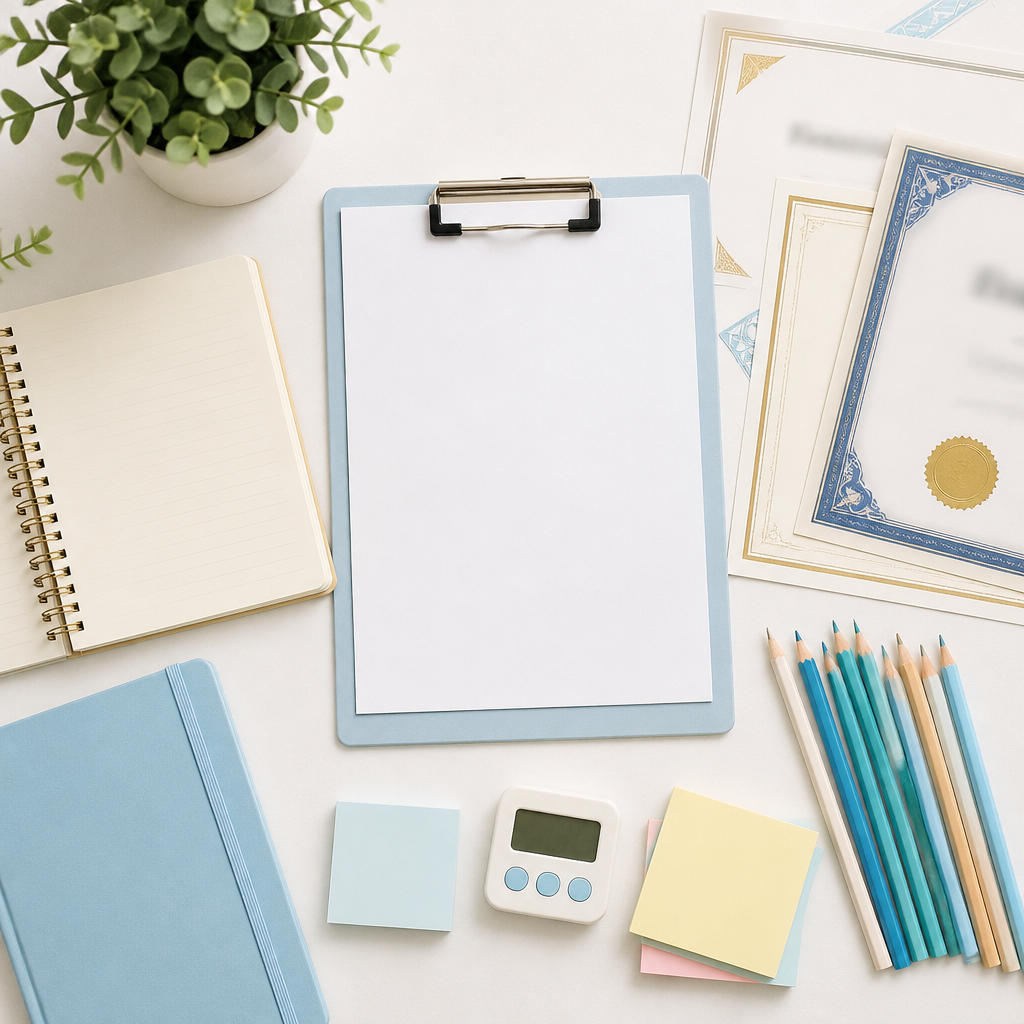 A neat flat lay of portfolio and study materials used to prepare for DSA Singapore selection activities and school assessments.