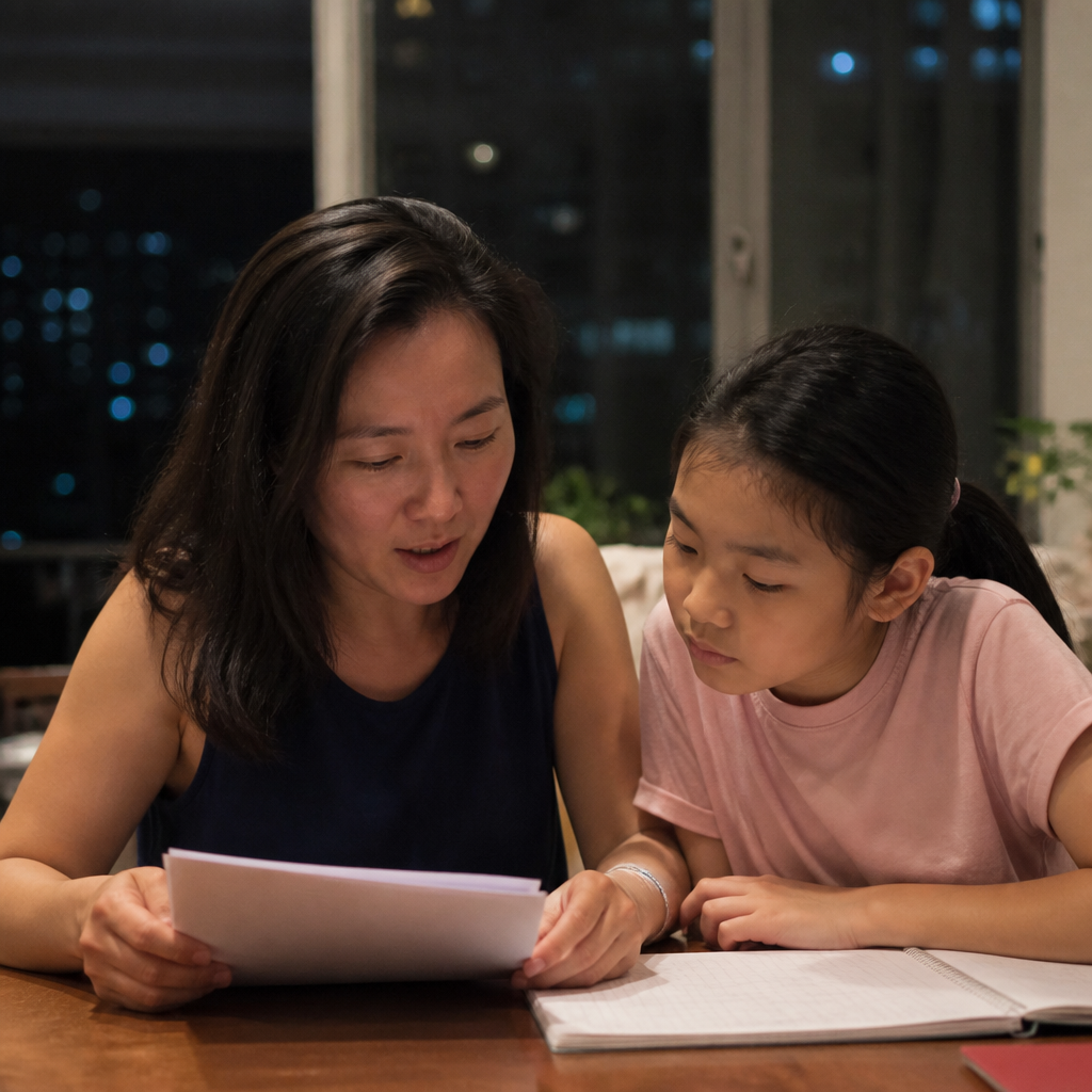 An Asian parent and child reviewing DSA Singapore admissions details together at a HDB dining table, showing the stress and planning involved in secondary school choices.