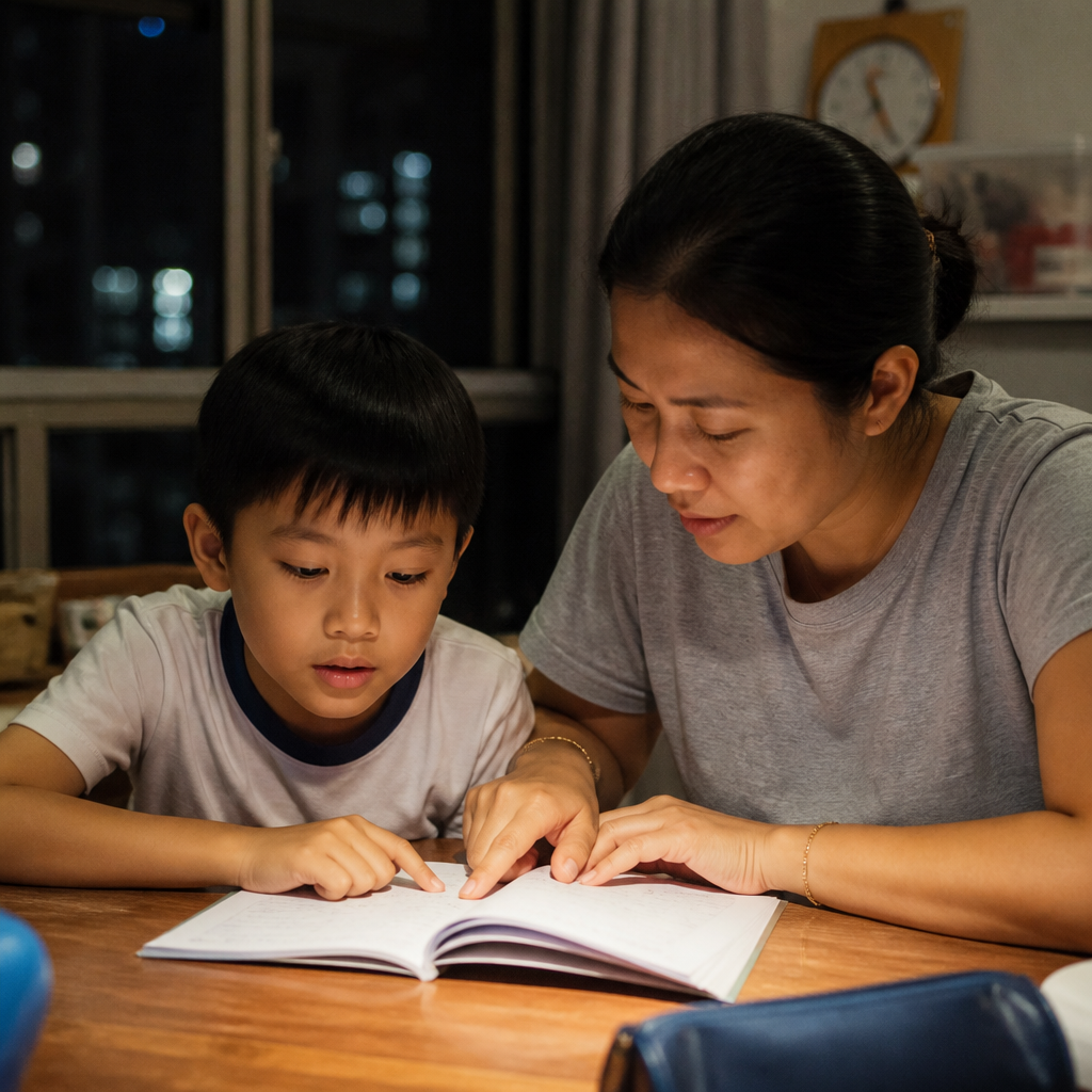 An Asian parent and child practising English oral at a HDB dining table in Singapore, showing how focused, steady practice can help.
