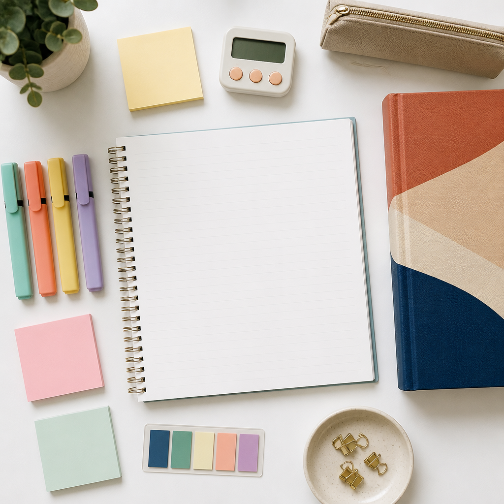 A neat English oral revision flat lay with study tools for practising reading aloud and conversation at home.