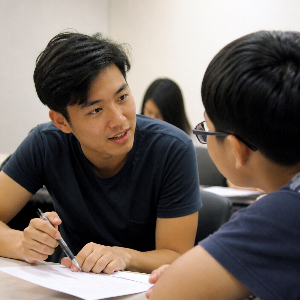 A tutor guiding a student through English oral practice in Singapore, helping build clear and confident answers.