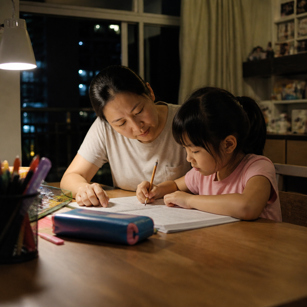 A Singapore parent and child working through a worksheet at home, illustrating how one to one tuition can support learning pace.