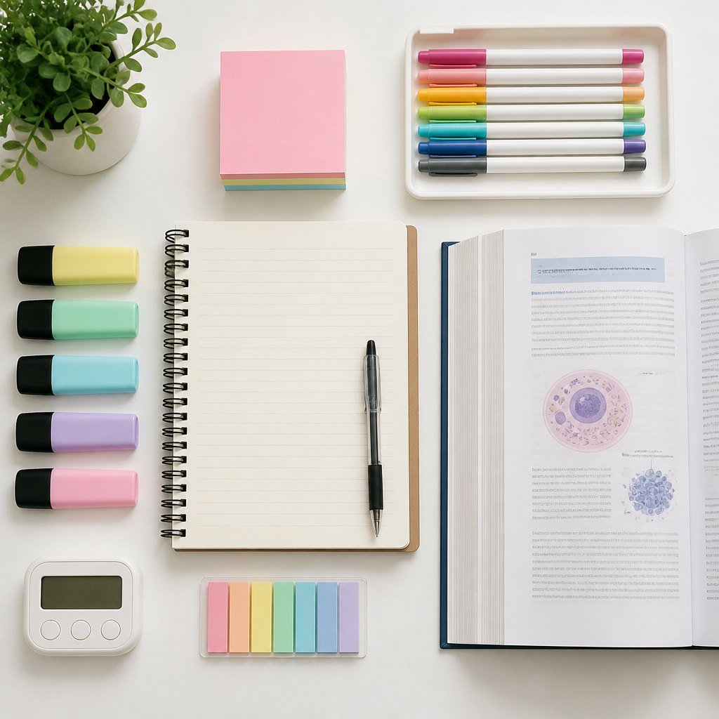 A neat study desk flat lay showing one to one tuition teaching strategies for paced learning and structured revision.