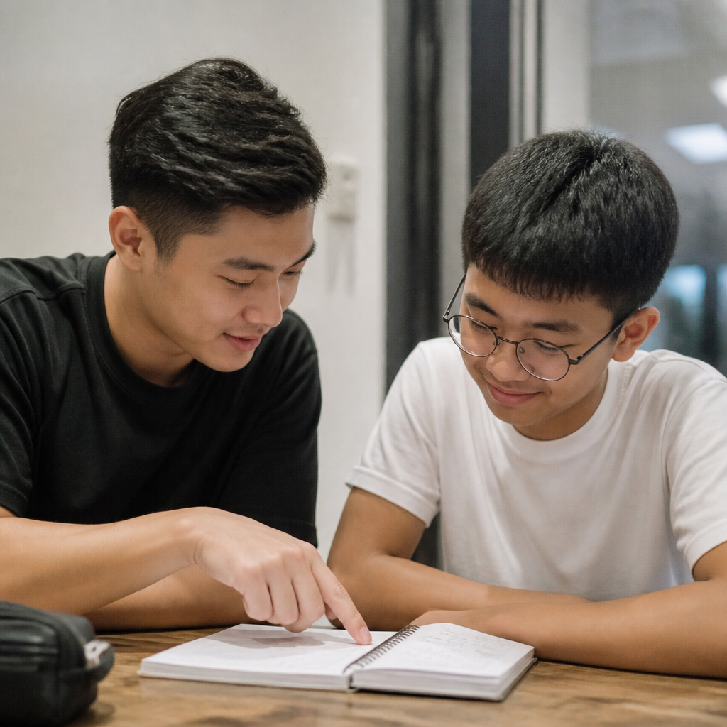 A tutor and student in Singapore reviewing work together, showing how personalised tuition helps lessons feel effective and less discouraging.