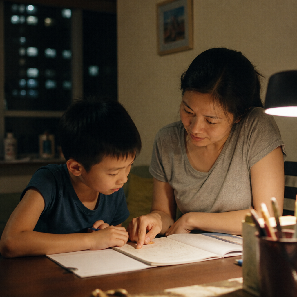 A Singapore parent and child reviewing schoolwork at a dining table, reflecting the challenge of deciding between study habits or tuition.