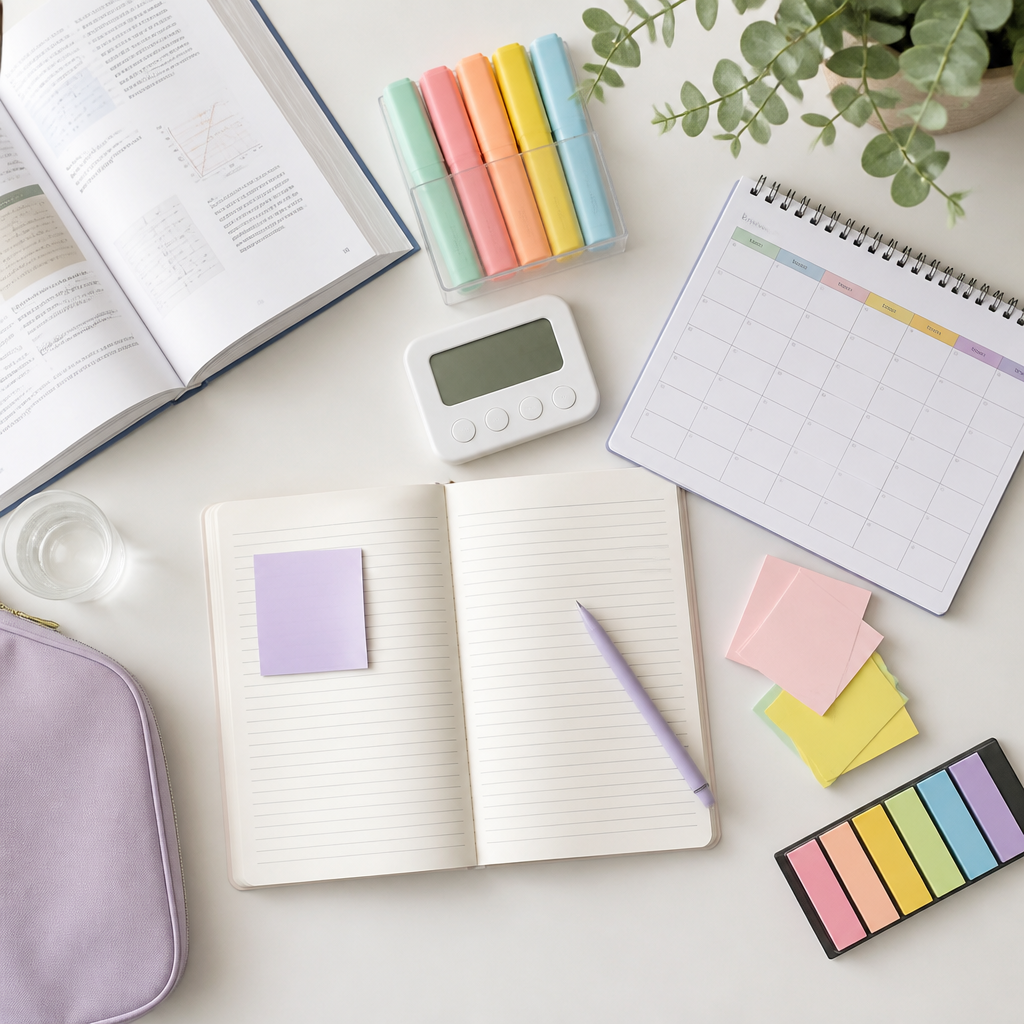 Revision materials laid out neatly to show how study habits or tuition can be assessed by the week before a test.
